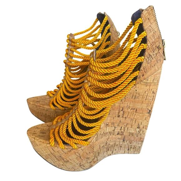 London Trash Yellow Rope  High Wedge Heels Sexy Runway Sz 10 - Picture 1 of 7